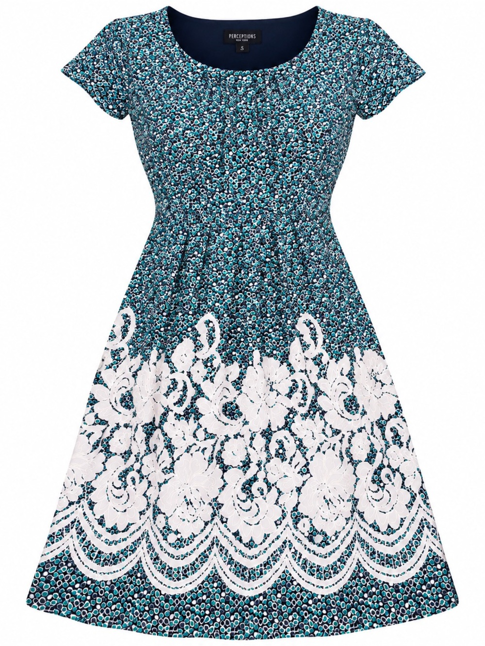 Perceptions Teal & White Floral Lace print Border Midi Dress
